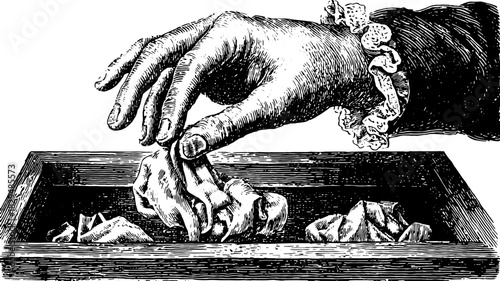 Hand holding crumpled paper waste. Vintage black and white vector illustration capturing intricate details and textures in a classic style.