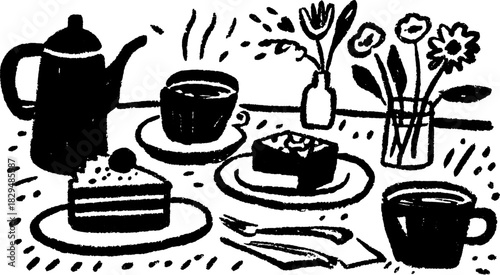 Coffee and dessert set on a table. Hand-drawn black and white vector illustration featuring a teapot, cake, and flowers in a simple style.