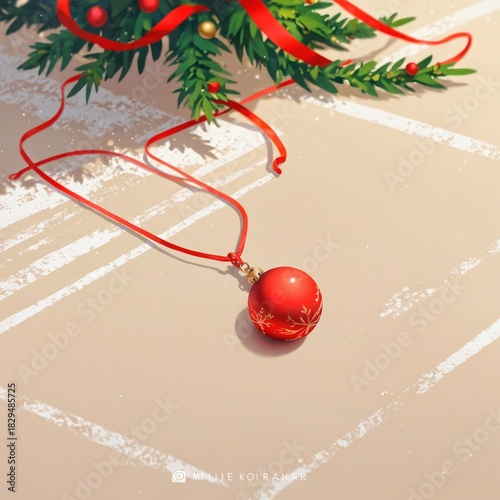 Minimal Christmas still life with red ornament on wooden surface  