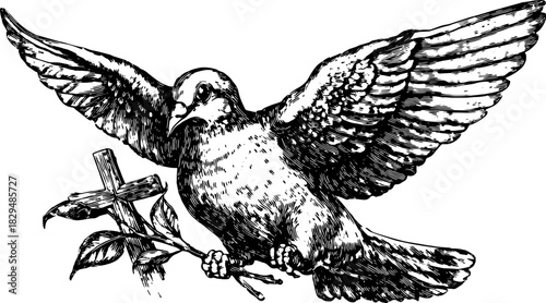 Dove with outstretched wings carrying a branch and a cross. Simple black and white vector illustration with detailed line art.