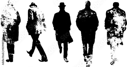 Silhouette of men walking in coats and hats. Simple black and white vector illustration set with a stylish urban theme.