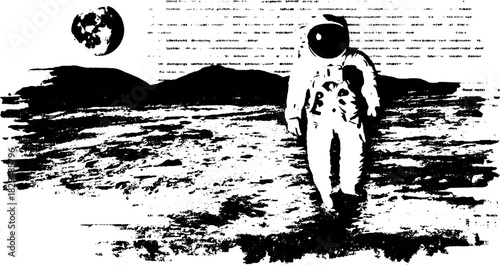 Astronaut in a lunar landscape. Black and white vector illustration showcasing a simple design of space exploration.