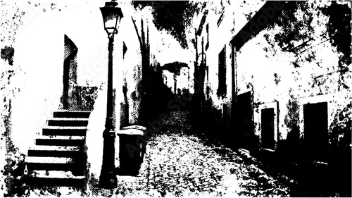 Antique engraving of a street scene with a lamp and cobblestone pavement in a vintage style vector illustration.