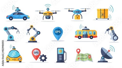 Autonomous Vehicles and Robotics Technology Icons Set.