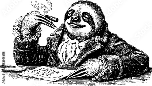 Sloth character in a vintage illustration style. The animal is sitting and smoking a cigar while wearing a coat, presented as a vector illustration.
