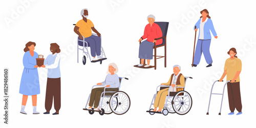 Diverse group of elderly people with mobility issues and caregivers