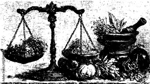 Vintage scale with herbs and a mortar. Engraved illustration featuring various spices and leaves. This is a black and white vector art set.