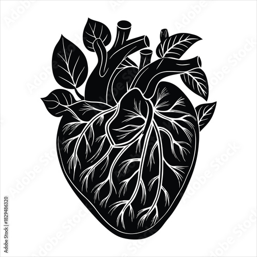 Anatomical heart with botanical vines wrapping aro