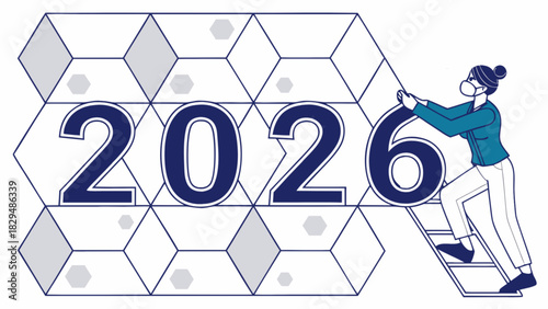 Illustration of a woman on a ladder placing the number six on a 2026 year graphic design