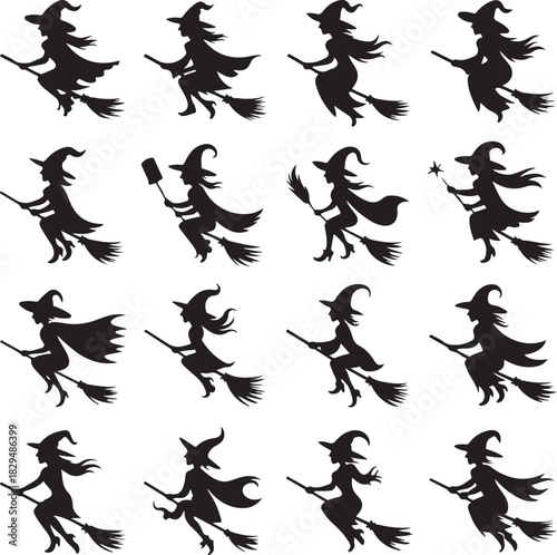 Collection of Witch Silhouettes Flying on Brooms for Halloween Design