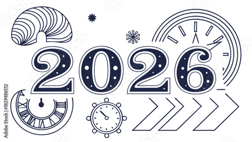 Illustration of the year two thousand and twenty six with clocks and decorative elements in blue outline
