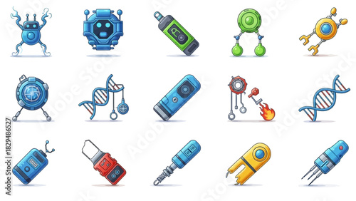 Collection of Futuristic Science and Technology Icons for Design Projects.