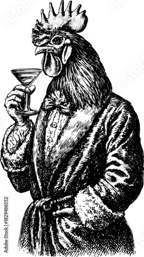Chicken in vintage attire holding a cocktail glass. Vector illustration showcasing a humorous character design.