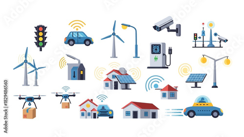 Smart City Infrastructure Elements - Renewable Energy, Autonomous Vehicles, and Smart Homes.