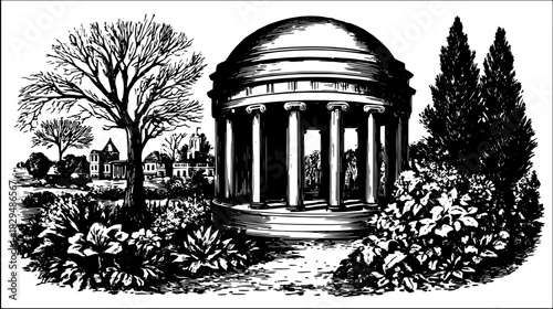 Temple structure surrounded by a garden landscape. The illustration features detailed columns, trees, and shrubs in black and white vector art.