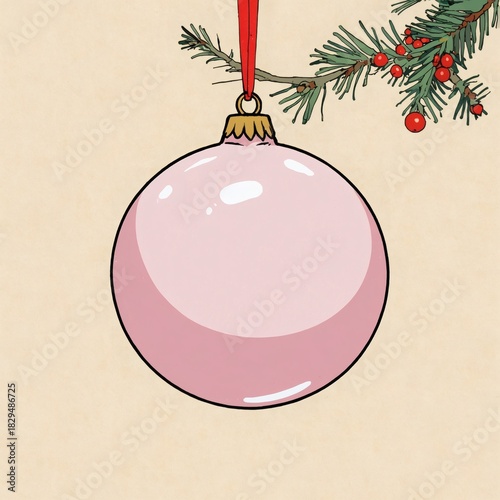 Pink Christmas ornament hanging from pine branch with red berries  