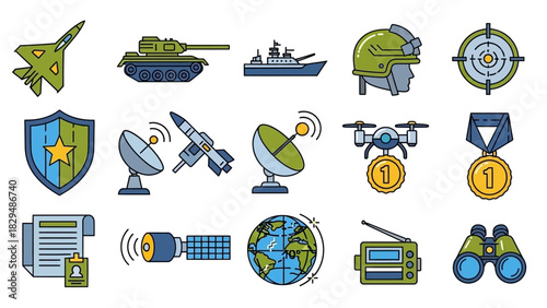 Collection of Military and Defense Icons Representing Modern Warfare.