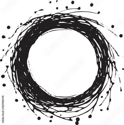 Black ink circle with splash texture and brush stroke. Grunge round frame in handdrawn style. Vector illustration.