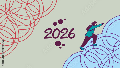 Illustration showing a person climbing towards the year two thousand twenty six on a patterned background