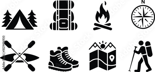 A collection of black silhouette icons representing various outdoor camping and hiking activities