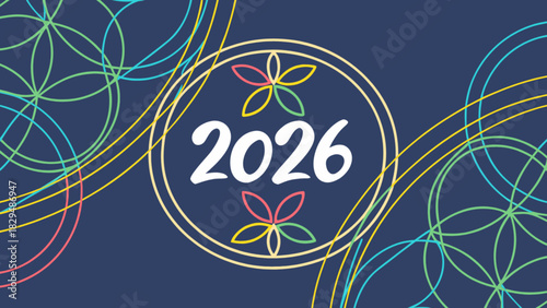 Year two thousand and twenty six surrounded by floral designs and intersecting circles on blue background