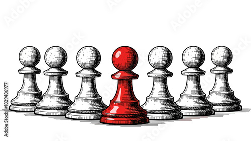 Red Chess Pawn Standing Out Among White Pawns. Leadership and Strategy Concept. Vintage Woodcut Engraving and Vector Illustration.
