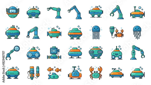 Collection of Underwater Robot Icons for Marine Exploration.