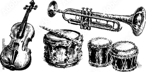 Set of musical instruments including a violin, trumpet, and drums. Vintage hand-drawn style in black outline vector illustration.
