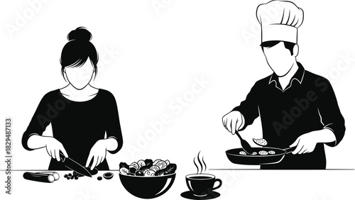 Chef and assistant preparing food in the kitchen illustration