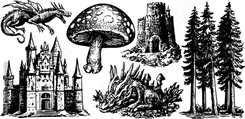 Dragon hovering above a castle and mushroom in a vintage engraving set. Features trees in a detailed silhouette vector illustration.