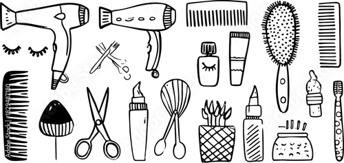Hair dryer, comb, scissors, and brush illustrated in a black and white vector set. Includes various cosmetic tools and grooming accessories.
