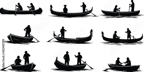 Silhouetted gondolas with gondoliers in venice italy vector illustration
