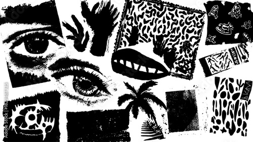 Black and white collage featuring abstract patterns and eye illustrations. Modern graphic design elements create a unique visual set. Vector illustration.