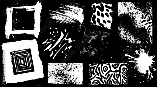 Artistic patterns and textures featuring strokes and splatters in black and white. This dynamic set includes various shapes in a vector illustration.