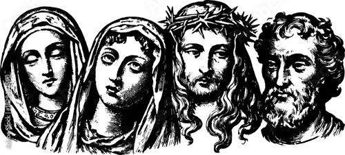 Depiction of significant historical figures: Mary and Jesus. Classic black and white vector illustration, showcasing detailed portraits in a religious set.