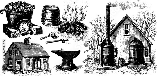 Antique engraving of a rustic scene featuring tools, a house, and a campfire. The black outline drawing creates a vintage atmosphere in a vector illustration.