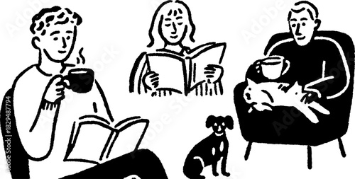Illustration of people enjoying coffee and reading. Simple vector set depicting a cozy indoor scene with pets.
