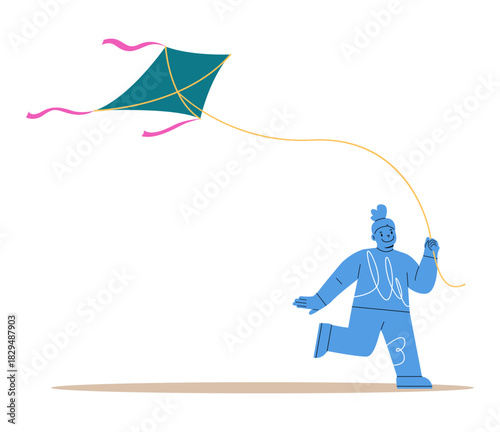 Happy girl flying a kite. Colorful vector illustration