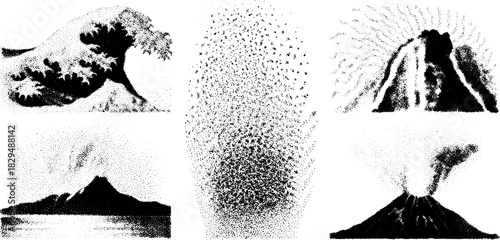 Engraved silhouette illustrations of volcanoes and waves in black and white. Detailed vintage vector set showcasing landscape elements.