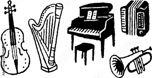 Musical instruments set: violin, harp, piano, accordion, and trumpet. Simple black and white vector illustration.