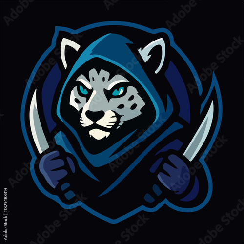 Snow Leopard Assassin Esport Mascot Hooded Dagger Logo Illustration