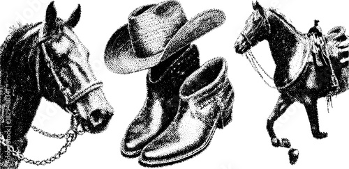 Horse silhouette with cowboy boots and hat. Vintage vector illustration in black line drawing style, showcasing equestrian culture.