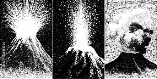 Silhouette of a volcano eruption in black and white. Vintage vector illustration with detailed line drawing and stipple effects, showcasing nature's power.