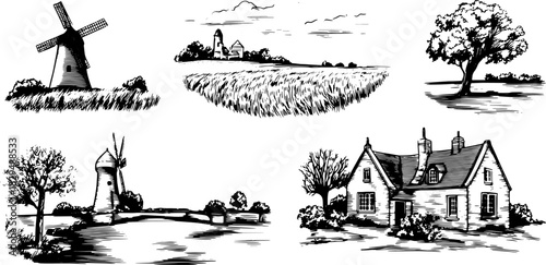 Rural landscape featuring a windmill, tree, and house. Black and white vector illustration with detailed scenery and traditional countryside elements.