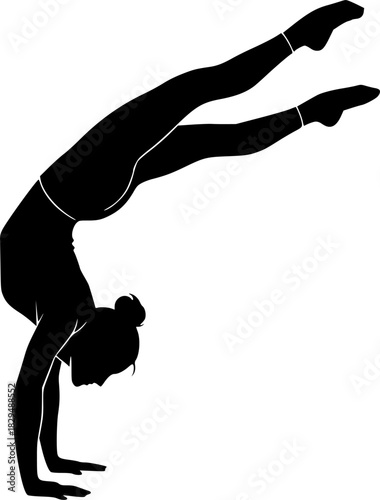  black silhouette of a flexible acrobat performing a handstand