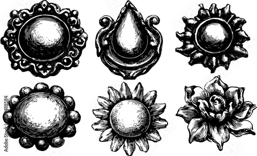 Decorative ornamental designs featuring elaborate floral motifs. Vintage black and white vector illustrations in a detailed and artistic set.
