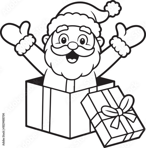 Outlined santa jumps from gift box