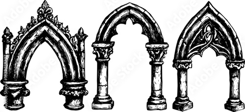 Gothic arch designs in black and white. Detailed vector illustration showcasing a vintage set of architectural elements.