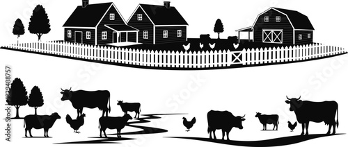 Detailed Farmstead Silhouette Set with Houses, Barn, Picket Fence, Trees, Cows, and Chickens, Black Vector Graphic for Rural Agriculture Design
