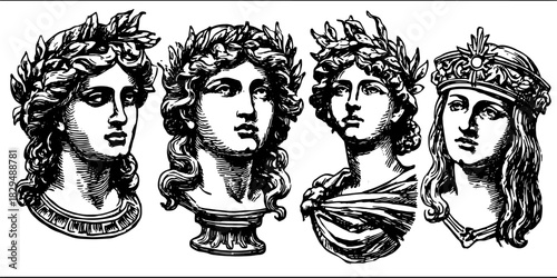 Classical statues set of male and female busts. Detailed black and white vector illustration showcasing historical art and culture.